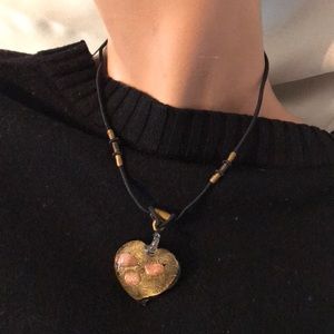 Glass Puffed Heart Pendant Necklace | Gold Leaf & Pink | Adjustable Cord